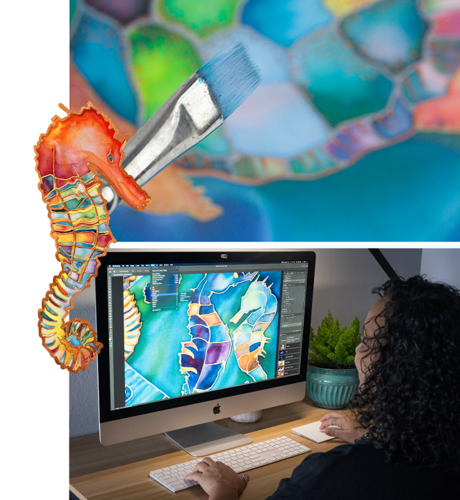 Debbie Sun working on digital art on computer with painted seahorse