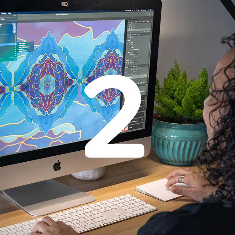 Debbie Sun working on wave design on her computer with number 2
