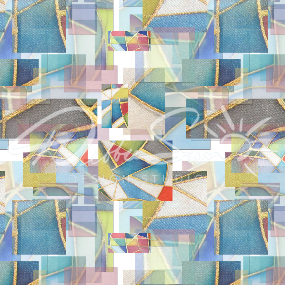 Blue kaleidoscope geometric painted repeat pattern by Debbie Sun